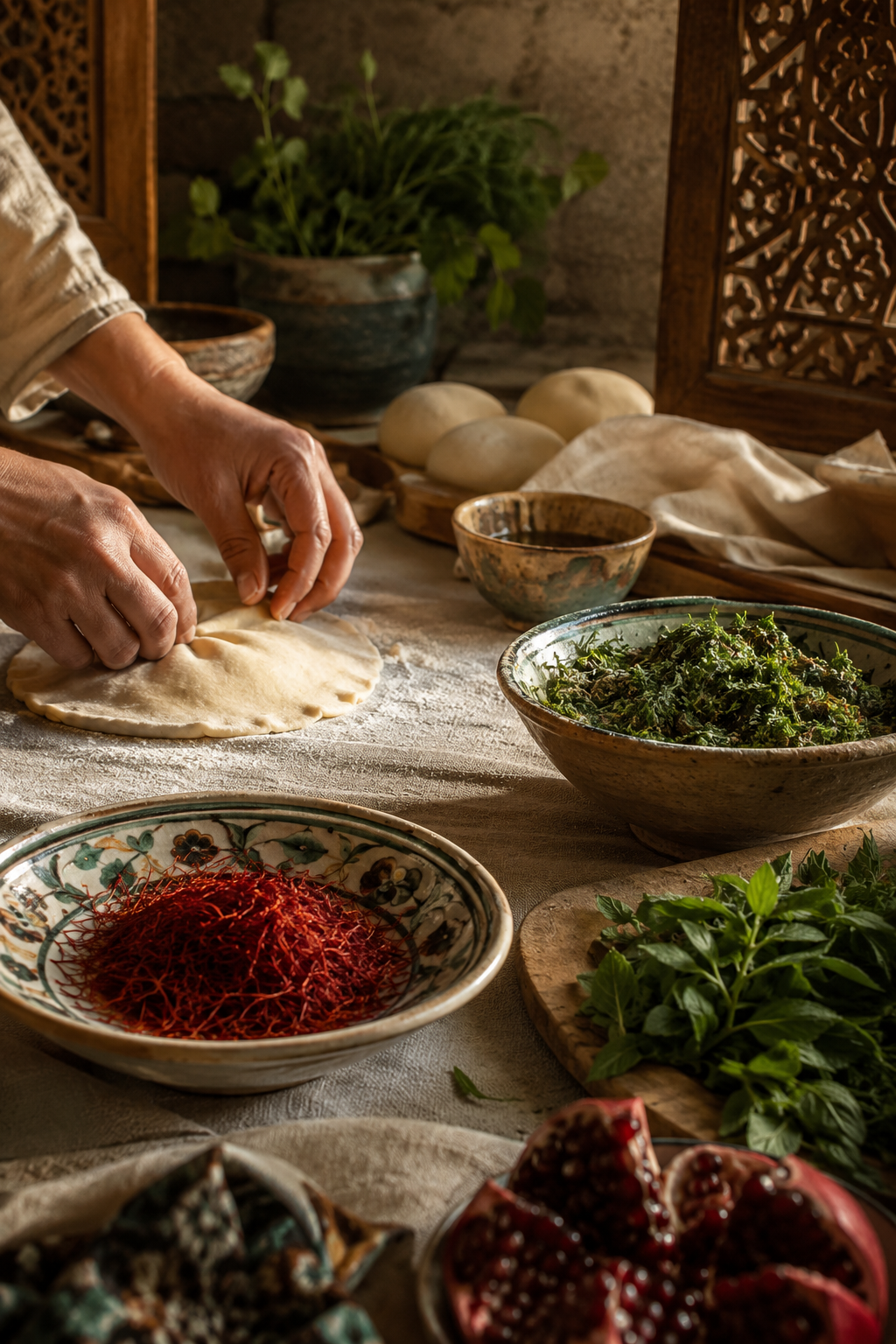 میز آماده‌سازی با زعفران و سبزی تازه